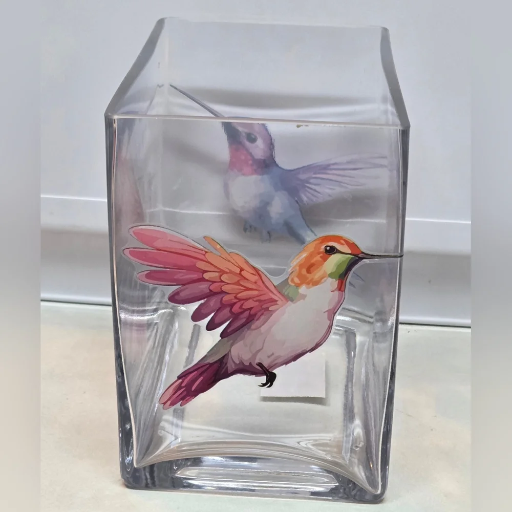 Heavy Glass Hummingbird Decal Vase 6x6x4
